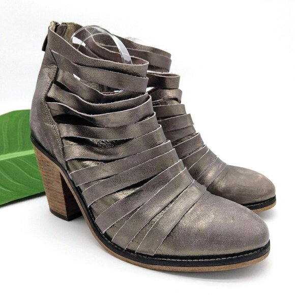 Free People Hybrid Metallic Leather Strappy Heel Ankle Boots Size 10 40 Pewter - Picture 1 of 9